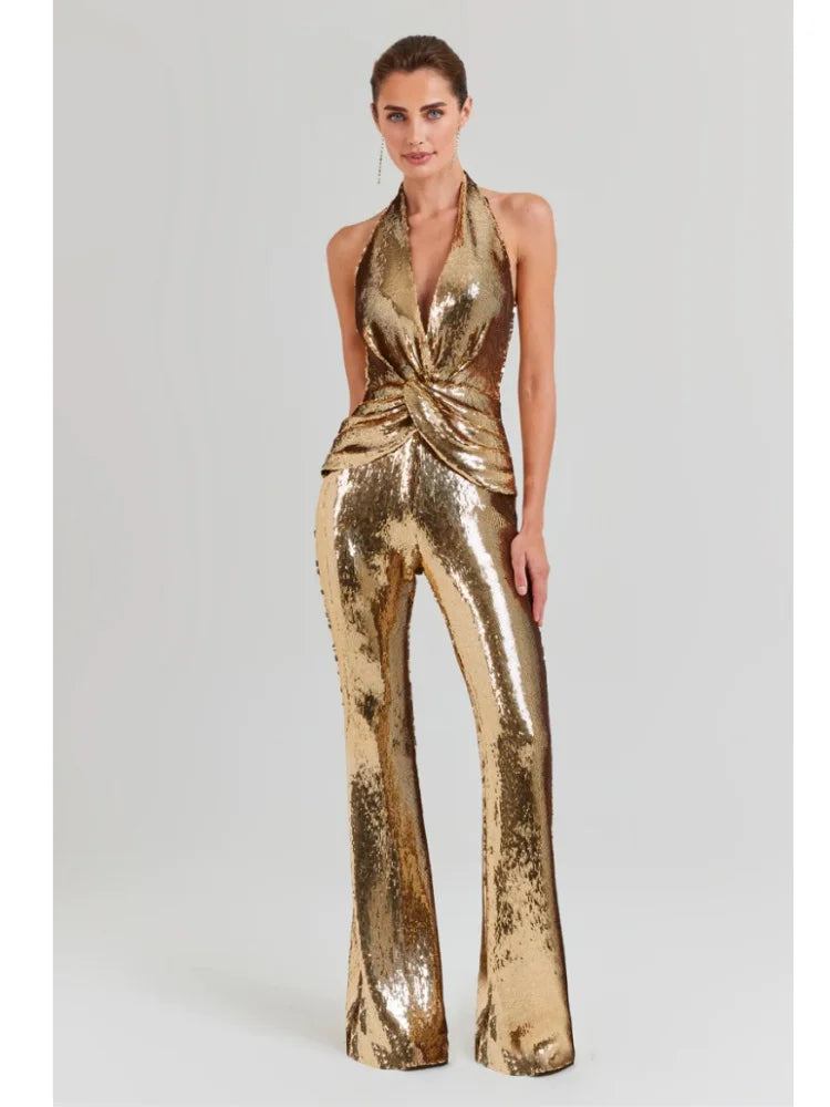 Summer New 2024 INS Women Sexy Glitter Sequins Gold Bodycon Jumpsuit Celebrity Designer High Street Boot Cut Rompers