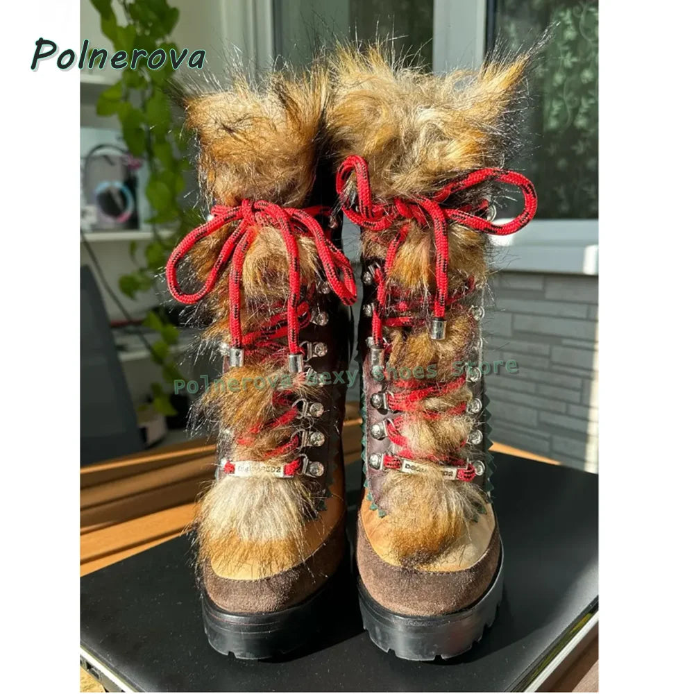 Faux Fur Cross Tied Fashion Boots 2026 New Arrivals Round Toe Toe Strange Style Mixed Colors Women Sexy Mid-Calf Boots Trend