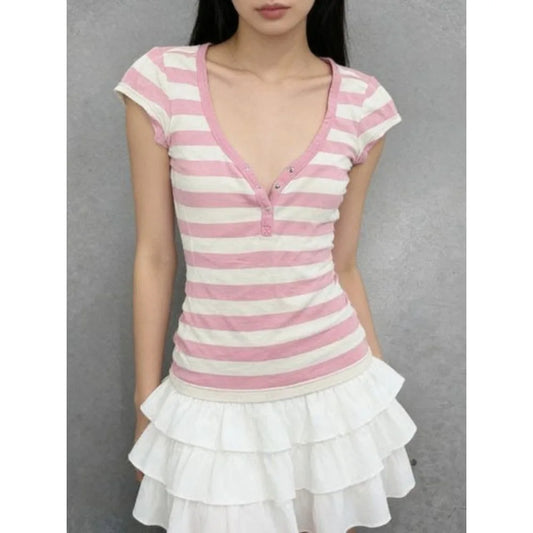 American Retro Hottie T-shirts Pink Striped V-neck Short-sleeved Tees Women's Slim-fit All Match Sweet Tops Casual Streetwear