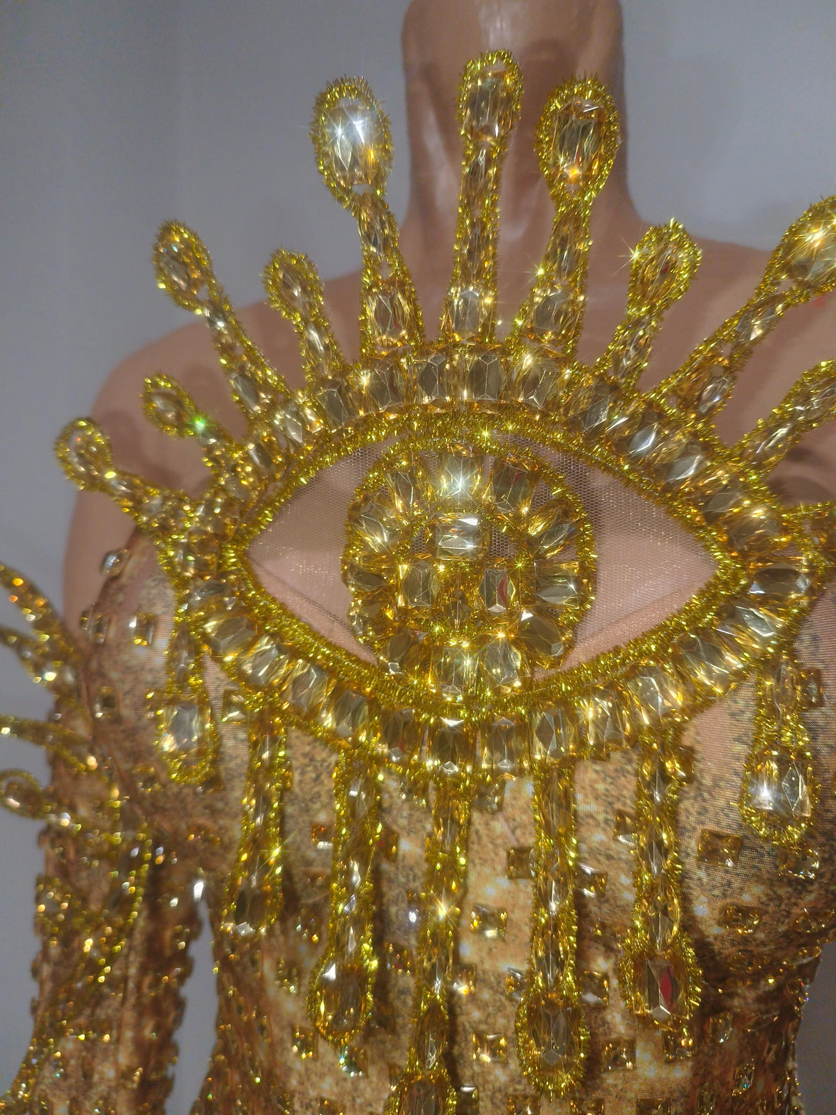 Sexy Sparkly Golden Rhinestones Eyes Stretch Bodysuit Women Eveing Birthday Party Nightclub Bar Singer Dancer DJ Stage Costume