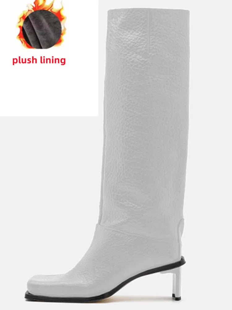 2026New Fashionable Square Head High Heels Women's Knee Length Boots with Side Zipper Stone Pattern Women's Mid Length Boots