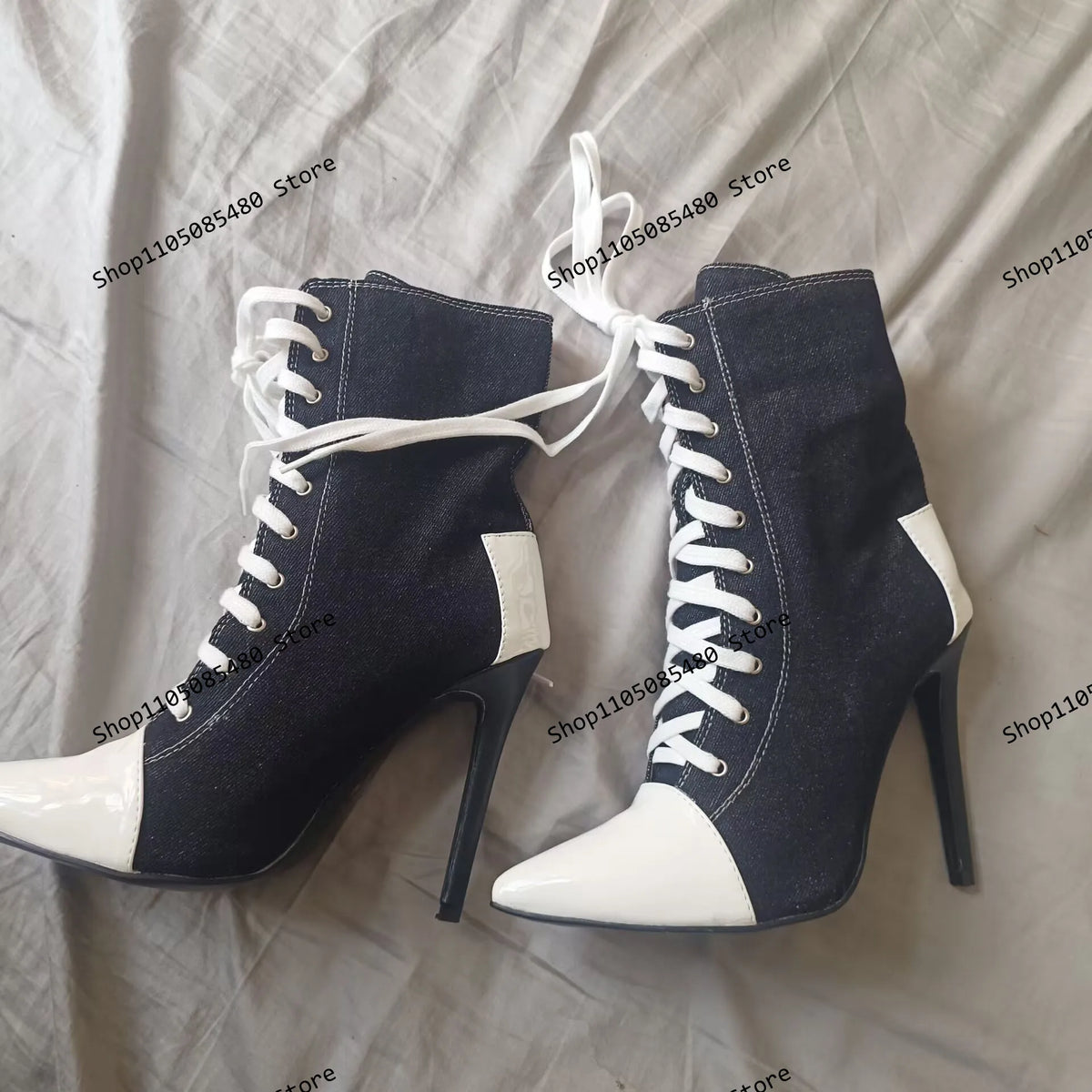 Pointed Toe Mid Calf Boots Women Sexy Patchwork Faux Jeans High Heels Shoes Ladies Lace Up Fashion Mixed Colors Biker Boots 44