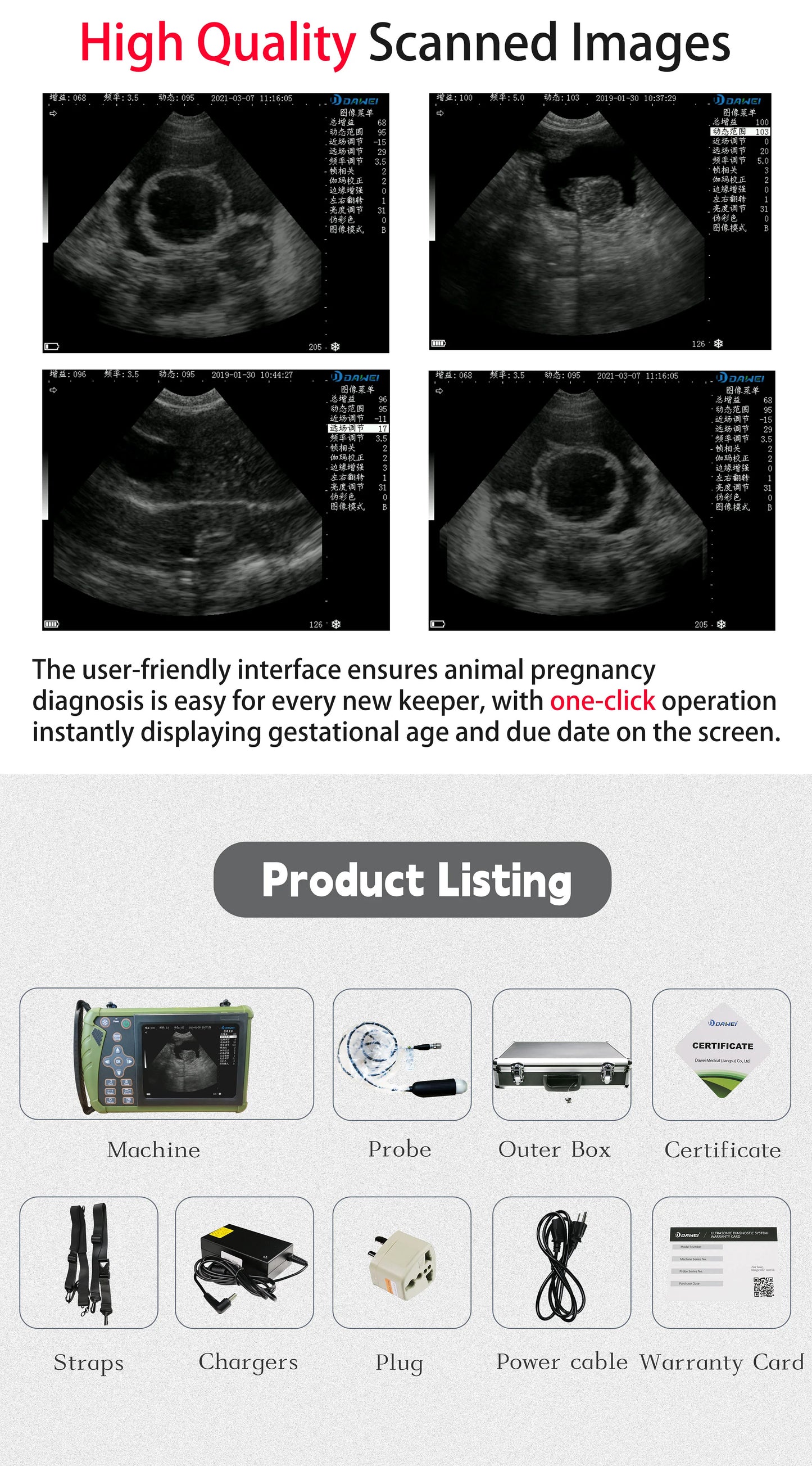 DAWEI Portable Veterinary Ultrasound Scanner Handheld Vet Pregnancy Machine for Horse Cattle Camel, 3.5MHz Rectal Probe