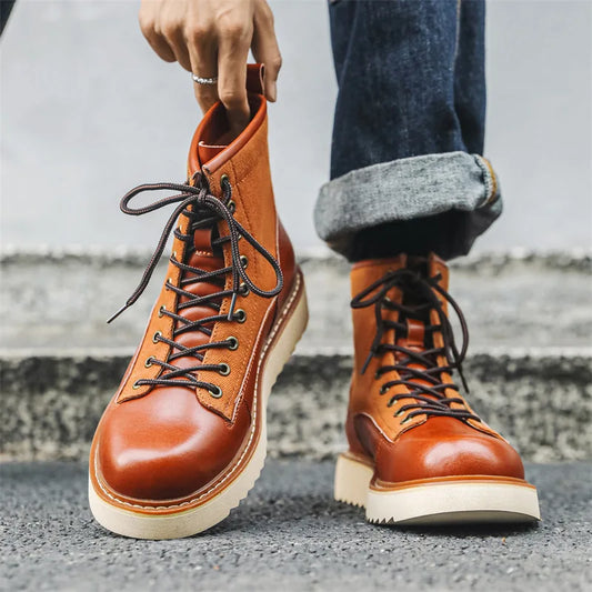 New Handmade Vintage British Men Fashion Ankle Boots High Quality Dress Leather Tooling Shoes Outdoor Business Motorcycle Boots