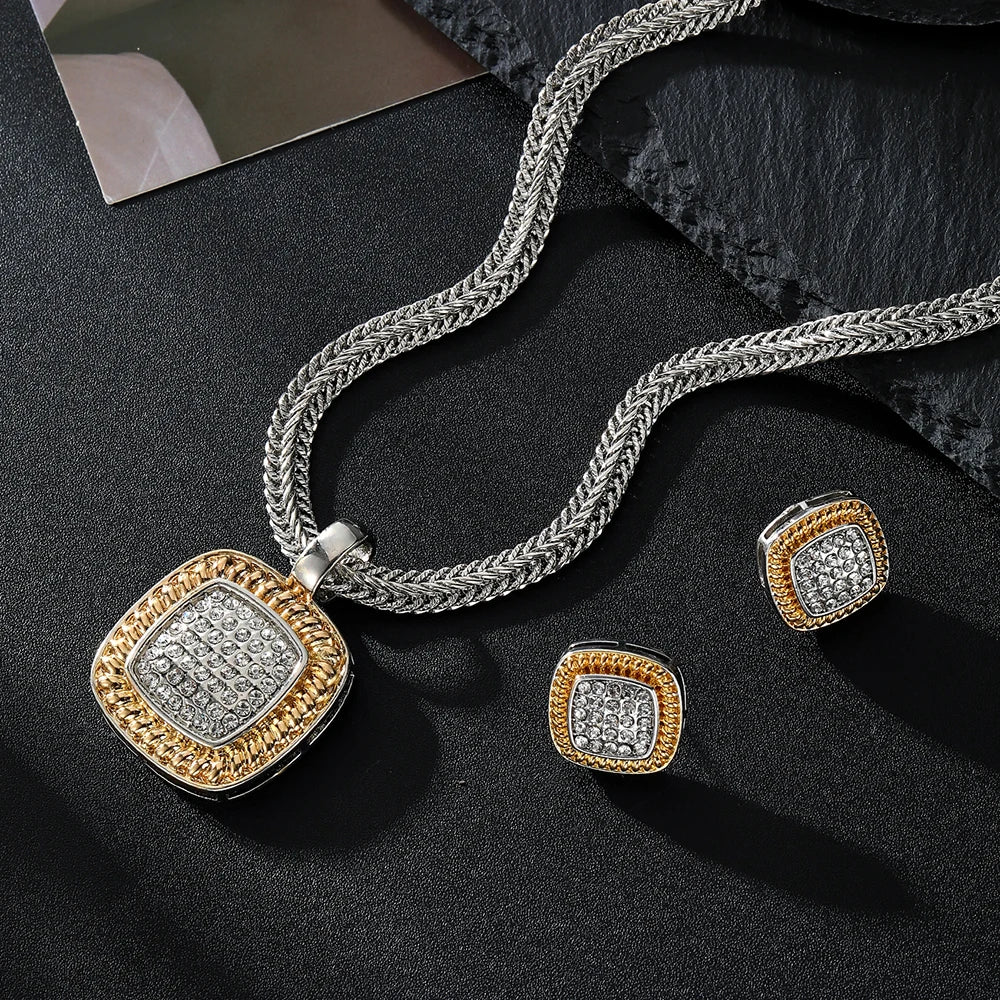 Zircon Necklace Set Geometric Square Shape Pendant Earrings Copper Plated 18K Gold Jewelry Set