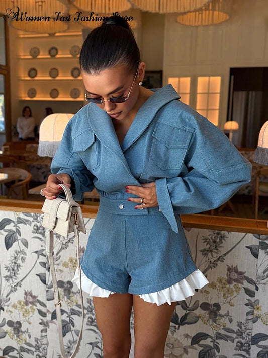 Street Lapel Cropped Coat Shorts Set Women's Solid Single Button Full Sleeve Jackets Ruffles Short Pants 2026 New Lady Outfits