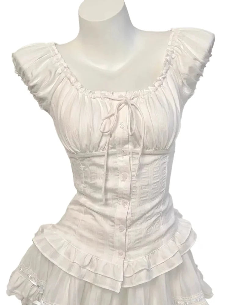 Deeptown Elegant Sweet White Blouses Women Sexy Square Collar Bow Crop Tops Vintage French Style Short Sleeve Ruffle Shirts