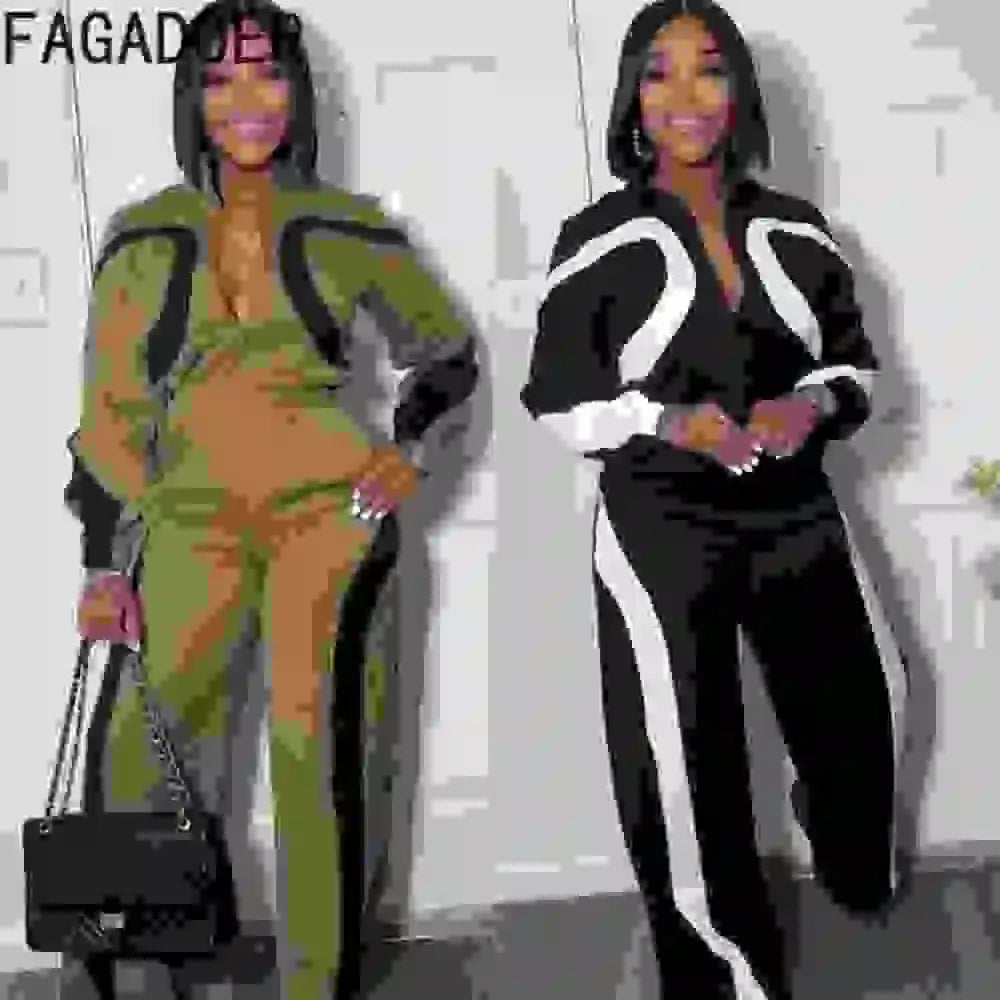 FAGADOER Autumn New Fashion Sports Bodycon Jumpsuits for Women Color Block Zipper Patchwork Rompers Female Streetwear Overalls