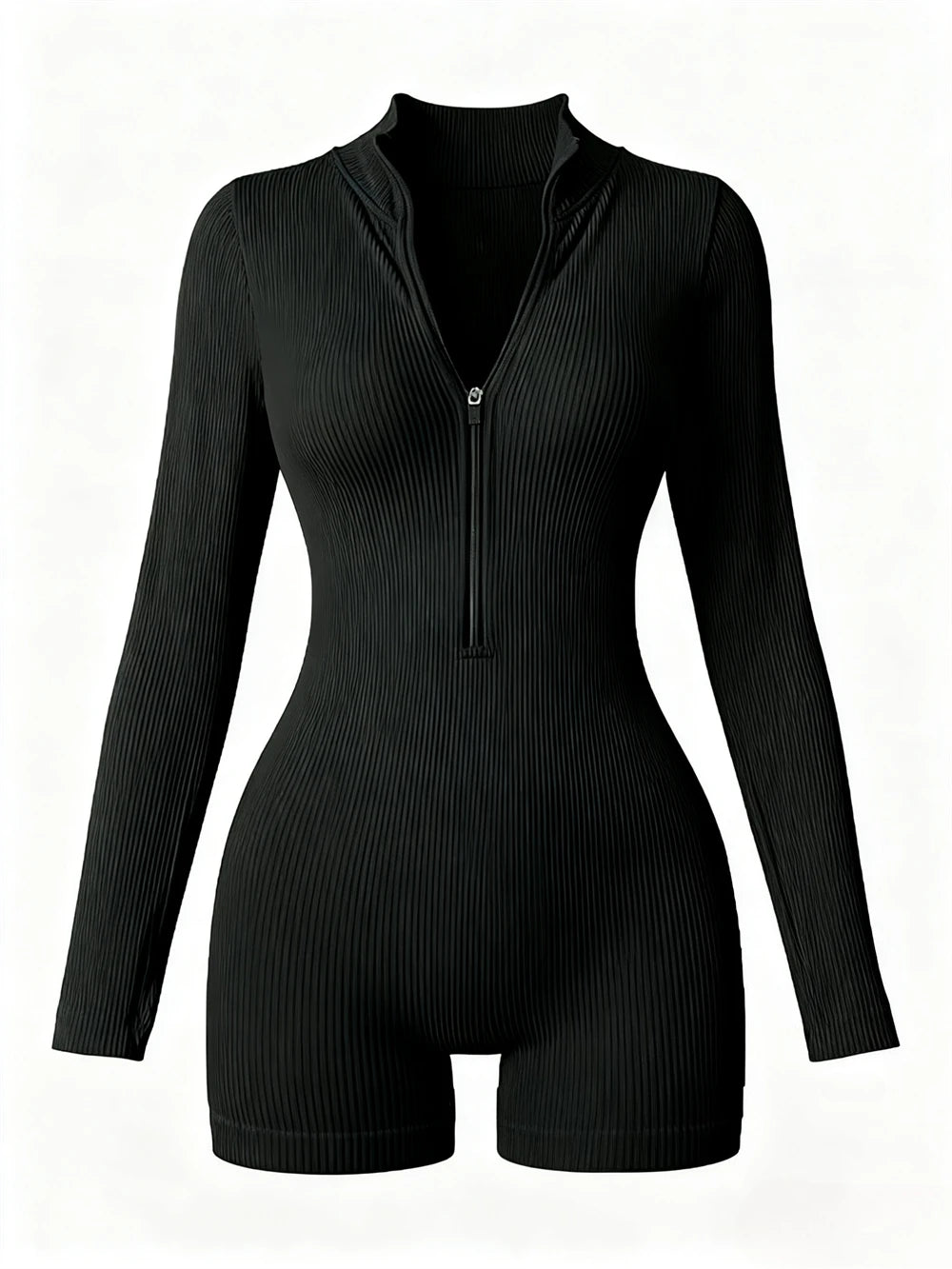 Women's Solid Color Half Zip Ribbed Knit Short Sleeve Romper Sports Soft Slim Fit Mock Neck Jumpsuit Streetwear 2025 Summer