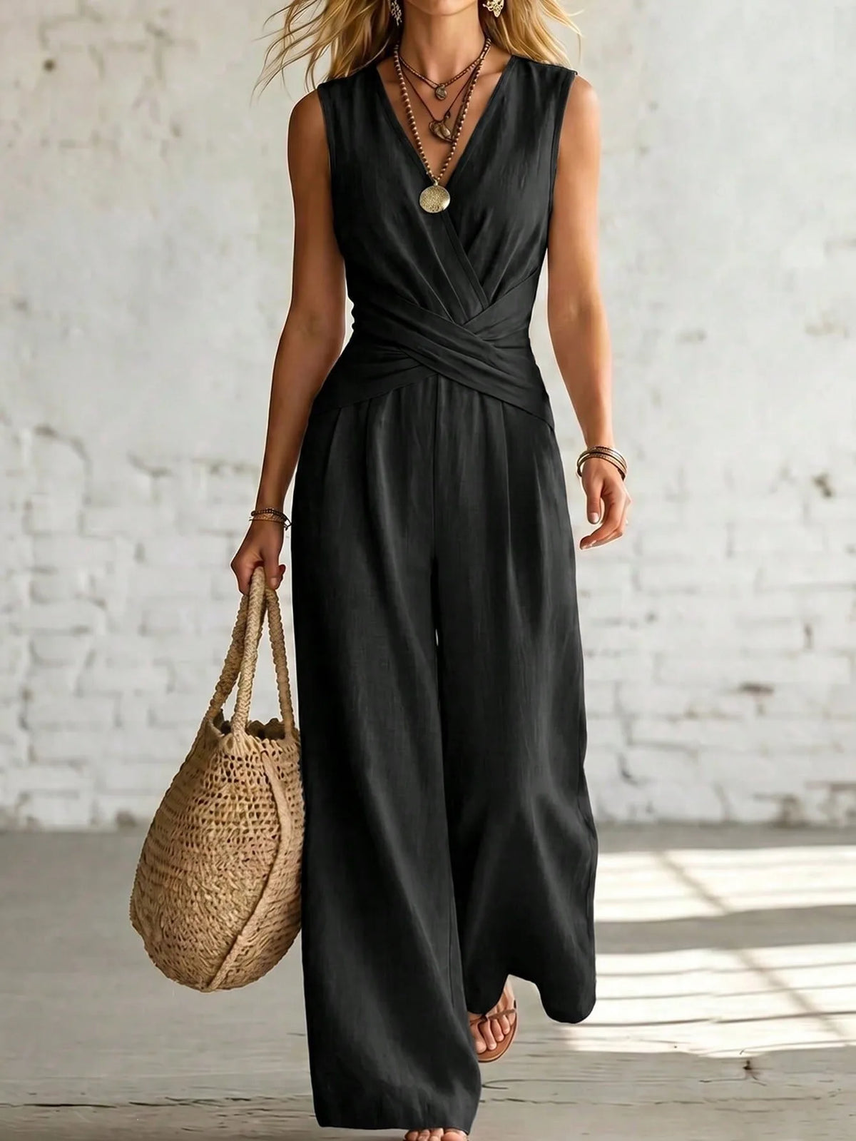 Fashion Light Blue Wide Leg Pants Jumpsuit Women's V-neck Sleeveless Cross Wrap Waist Design Rompers Summer Casual Jumpsuits