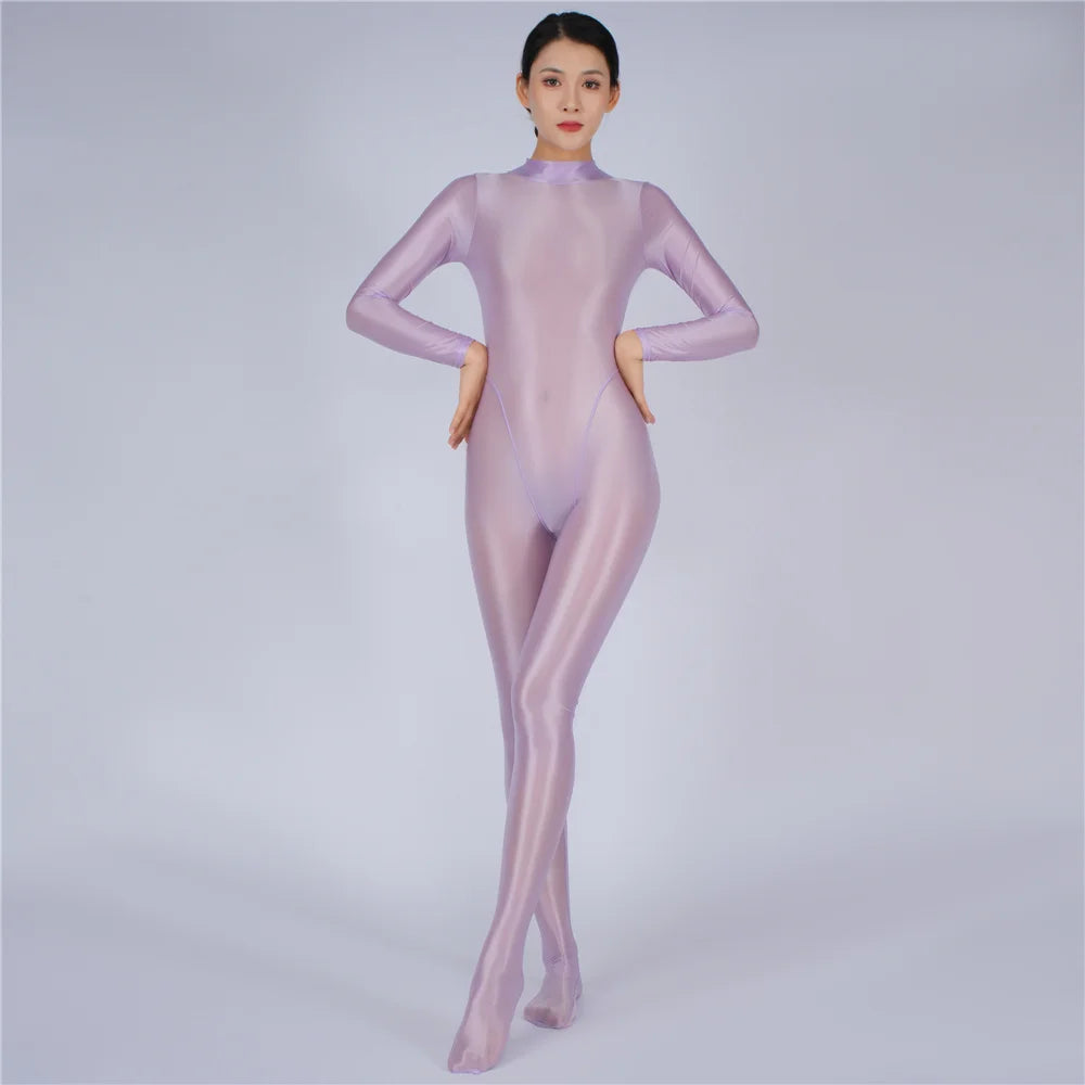Sexy Women Yoga Shaper Tight Wear Oil Glossy Shiny Elastic Bodysuit Sheer See Through Rompers Jumpsuits Candy Color
