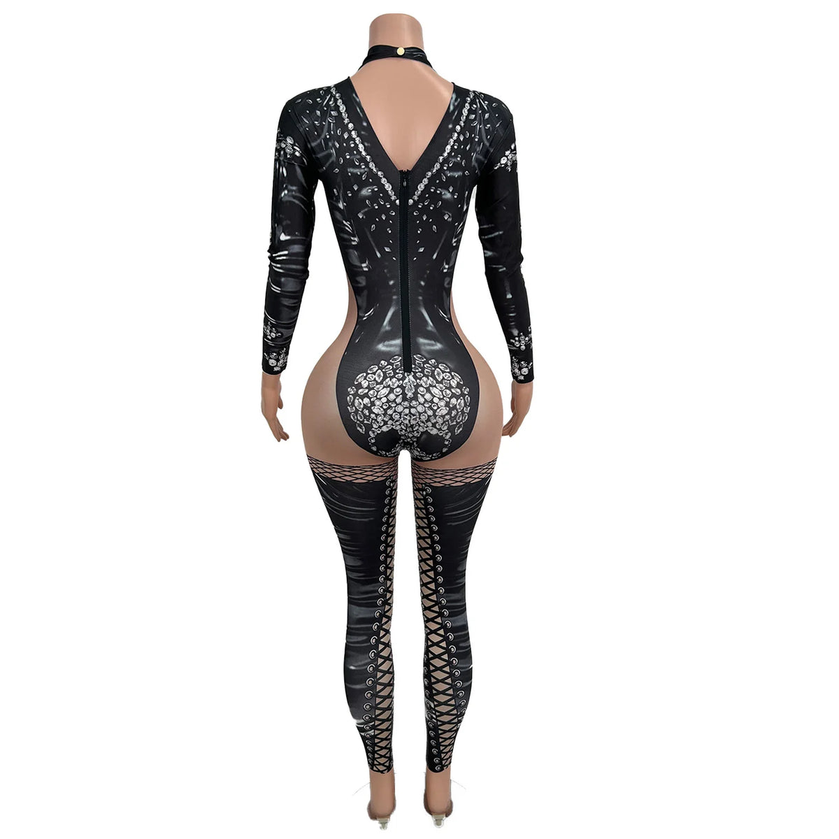 Sexy Skeleton Print Stage Performance Jumpsuits Drag Queen Stripper Festival Outfits Dance Leotard Women Bodysuit Bodycon Romper
