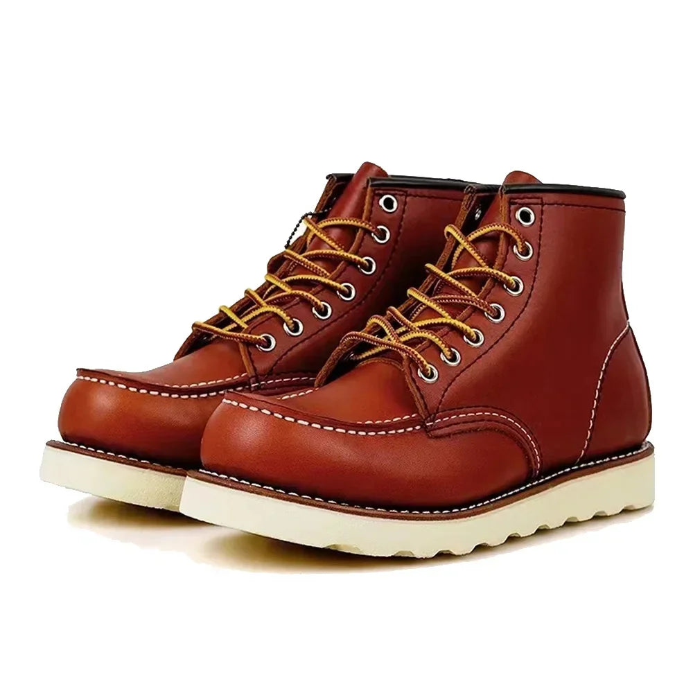 Men's Goodyear-Welted Vintage Genuine Leather Mid-calf Motorcycle Boots Round toe Casual Punk Dress Boots Work Shoes Western Red