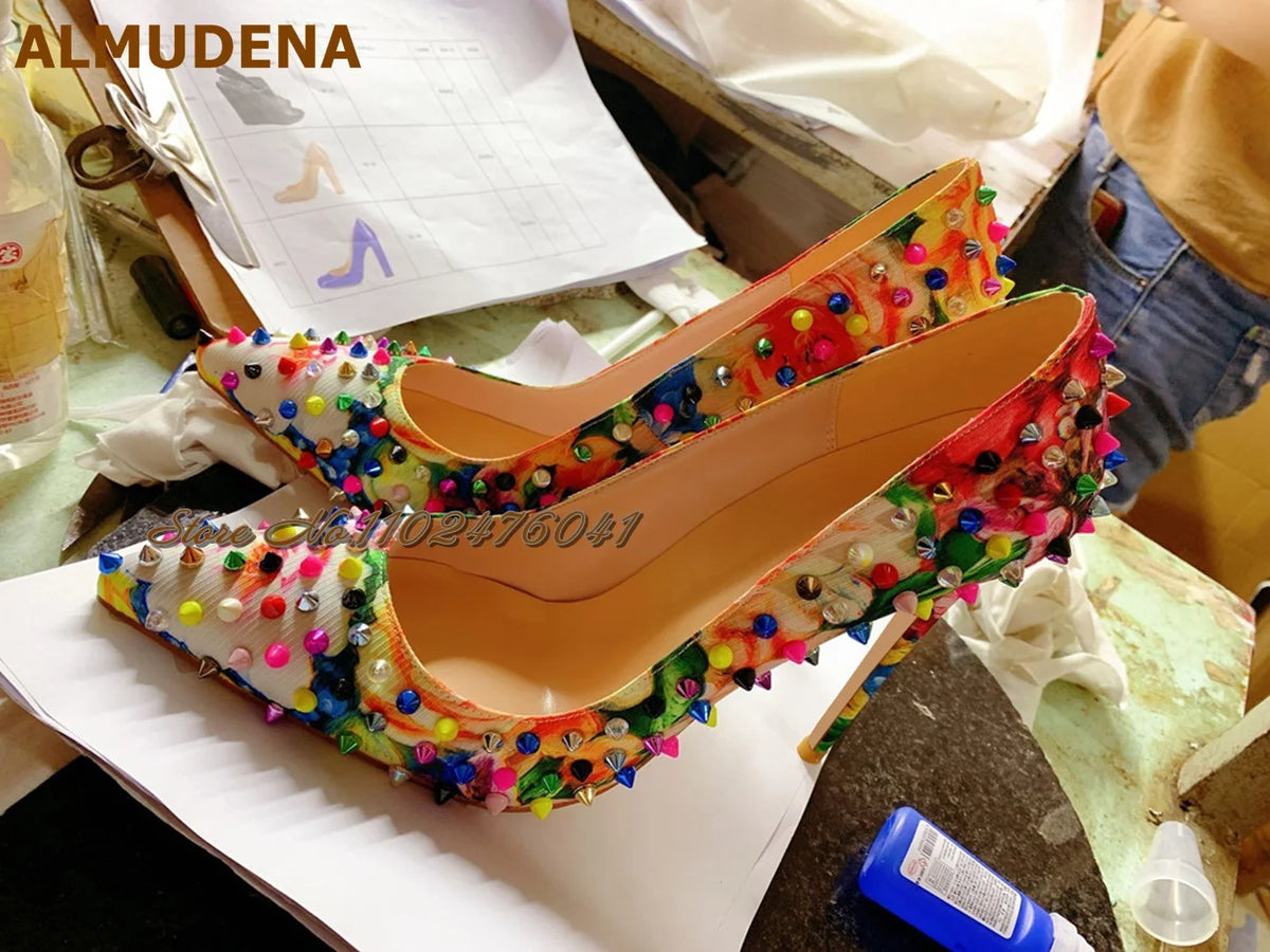 ALMUDENA Multi-Color Rivets Thin High Heel Dress Shoes 12Cm 10Cm 8Cm Stilettos Pointed Toe Shallow Pumps Pricts Spikes Footwear