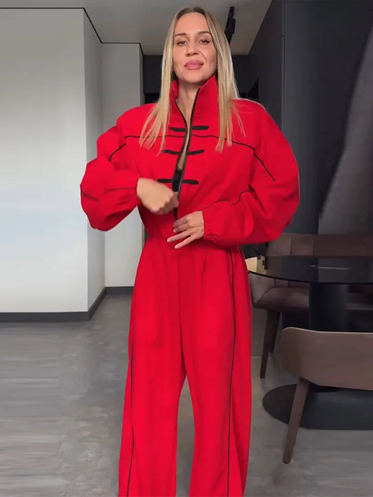 Casual Contrasted Color Women Jumpsuits Full Sleeve Stand Collar Waist-Closed Lady Rompers 2026 Autumn Winter Female Jumpsuit