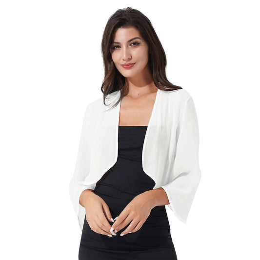 Womens 3/4 Sleeve Chiffon Cardigan Bolero Jacket Summer Elegant Wedding Party Bridal Dress Cover Ups Wraps Shawls Shrug