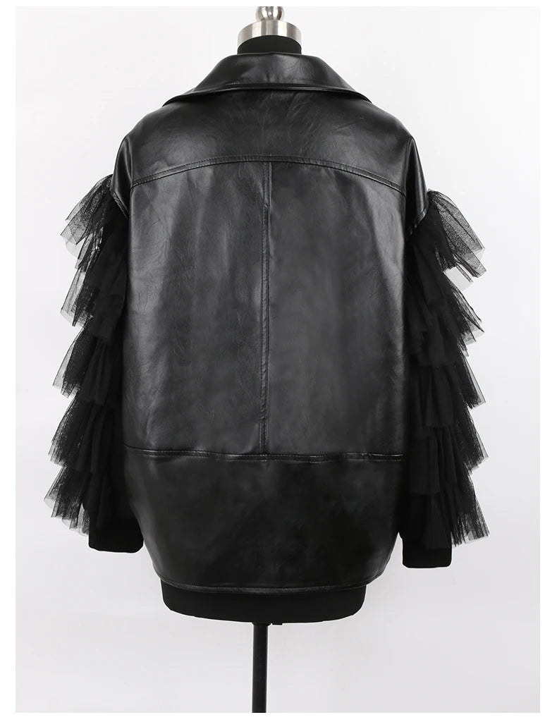 Nerazzurri Spring Autumn Loose Black Faux Leather Jacket Women with Lace Long Sleeves Zipper Belt Luxury Elegant Fashion 2022
