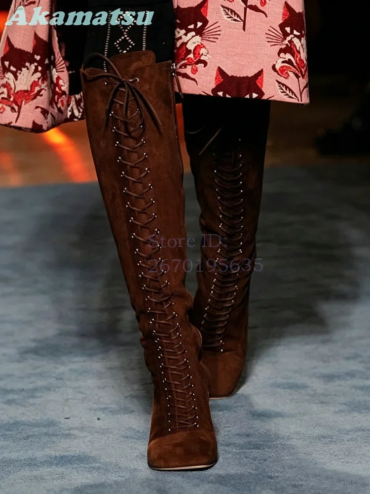 Emerald Green Patent Glitter Knee High Boots Retro Round Toe Lace Up Square Heel Modern Boots 2026 Runway Fashion Women Shoes