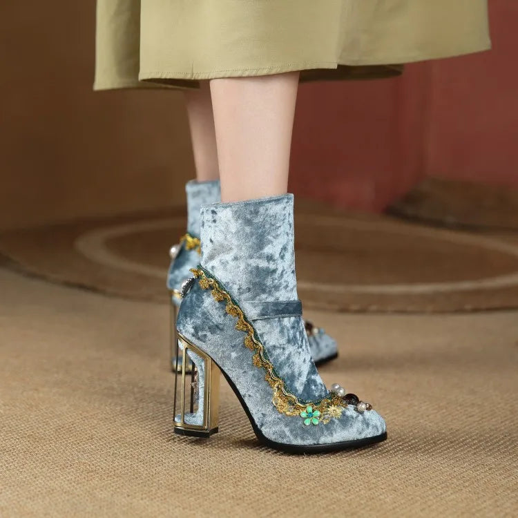 Royal Gemstone Jeweled Flower Velvet Ankle Boots Floral Crystal Cage Fretwork High Heels Blue Red Black Woman Bridal Booties