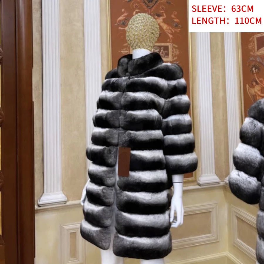Best Selling Real Rex Rabbit Fur Coat Women Long Chinchilla Fur Coat Winter Women's Fur Jackets Brand Contrast Warm