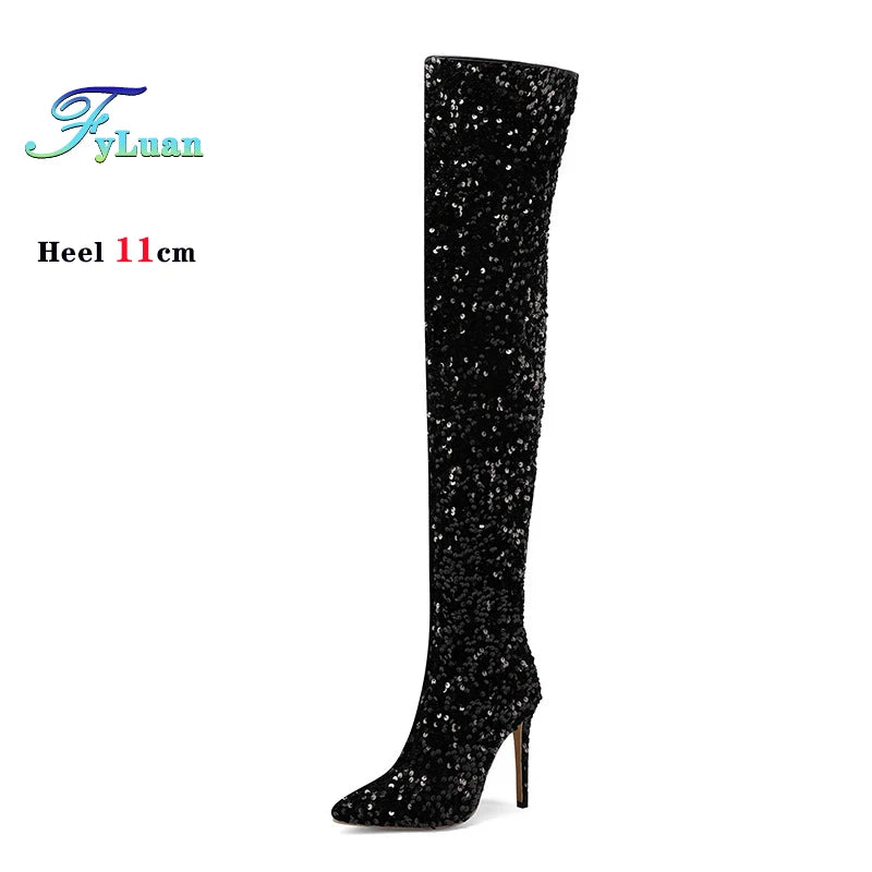 Over-the-Knee Boots for Women Pink Sequins Point Toe Boots Thin High-heeled Purple Thigh Long Boots Sexy Zip Heels Stiletto Shoe