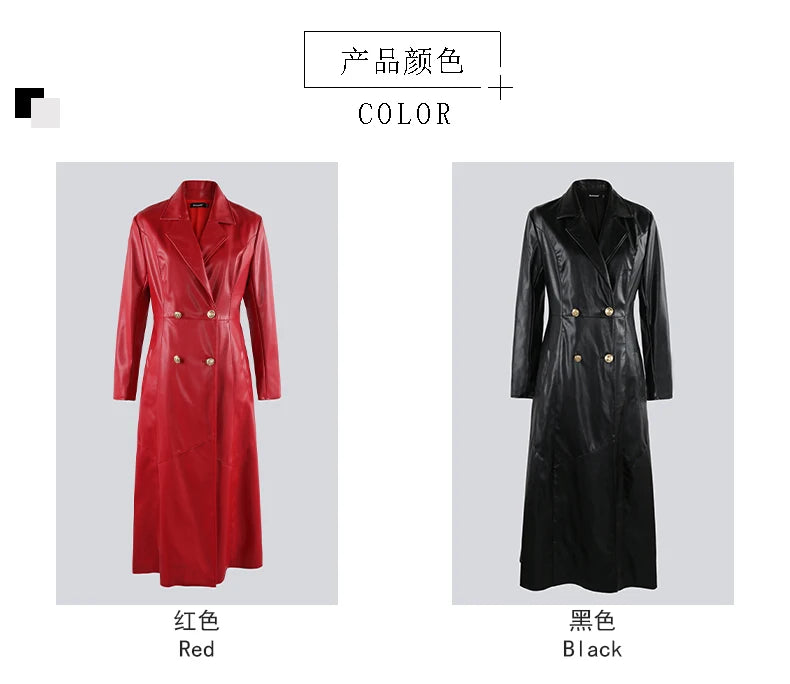 Nerazzurri Extra Long Red Black Pu Leather Trench Coat for Women with Gold Button Double Breasted Luxury Elegant Chic Overcoat