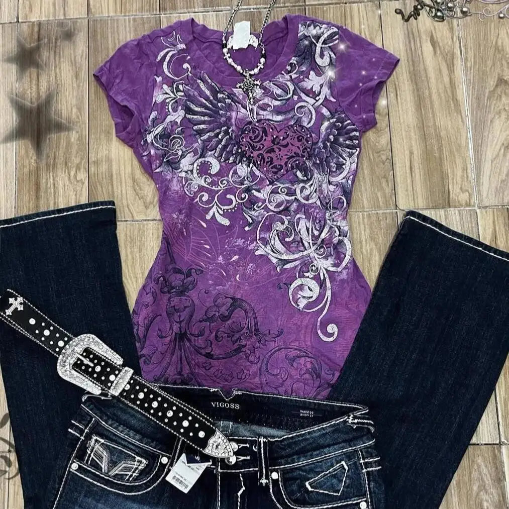 Women's Subculture Vintage Purple Print T-shirts American Street Hottie Slim Tees Fashion Y2K Punk Aesthetic Tops Chic Clothing