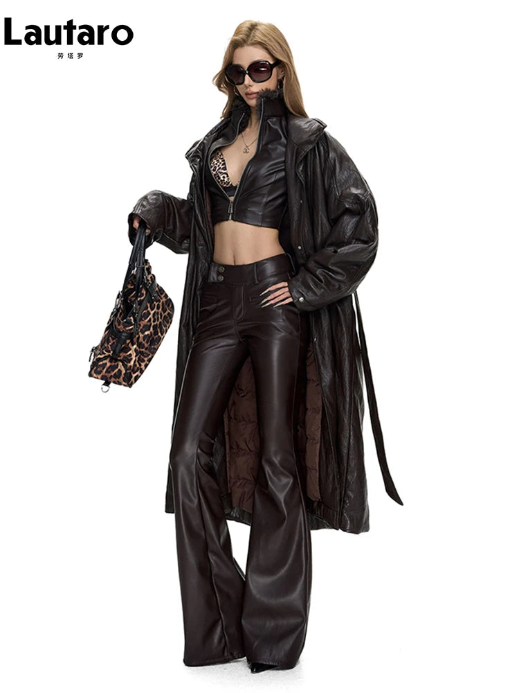 Lautaro Spring Summer Sexy Fitted Short Faux Leather Jacket Women Luxury Designer Zip Up Clothes Women Cropped Top Streetwear