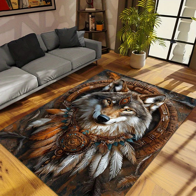 3D Wolf Head Print Non-Slip Mat, Tribal Design with Feathers Beads, Machine Washable Polyester Rug for Living Room Bedroom Decor