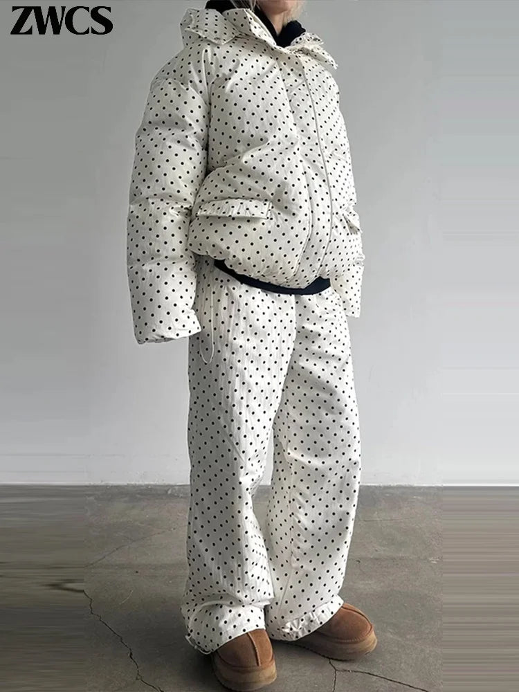 Polka Dots Hooded Cotton Coats Trousers Set 2026 Winter Loose Zippers Drawstring Jacket Elastic Waist Pants Women's Warm Outfits
