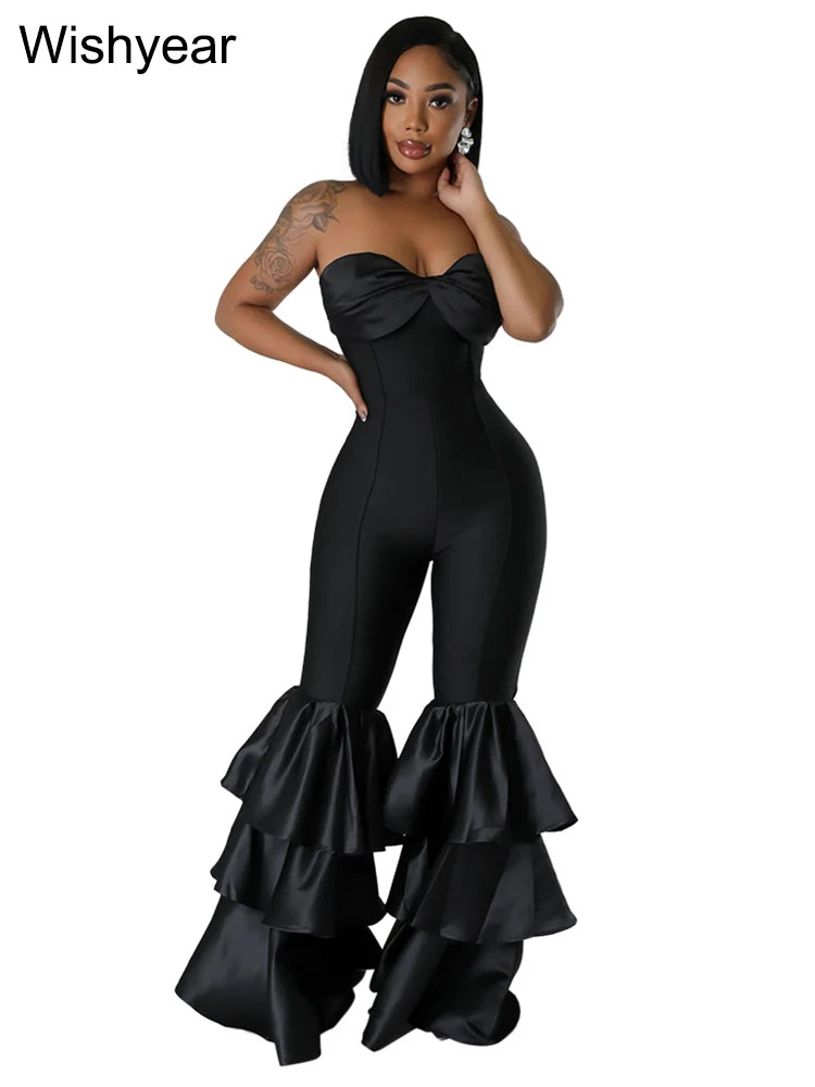 New One Pieces Jumpsuits Women Black Strapless Sleeveless Sexy Rompers Slim Fit Long Ruffles Flare Pant Night Club Even Overalls