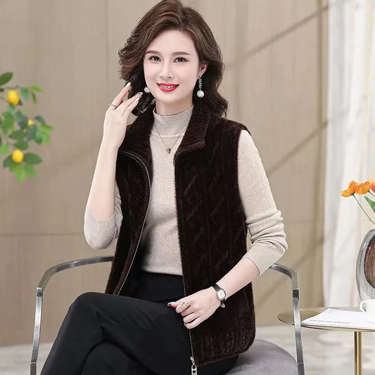 2025 Autumn Winter Zipper Middle Aged Mother Women's Mink Fur Vest Coat Fashion Sleeveless Doll Collar Lady Waistcoat Jacket