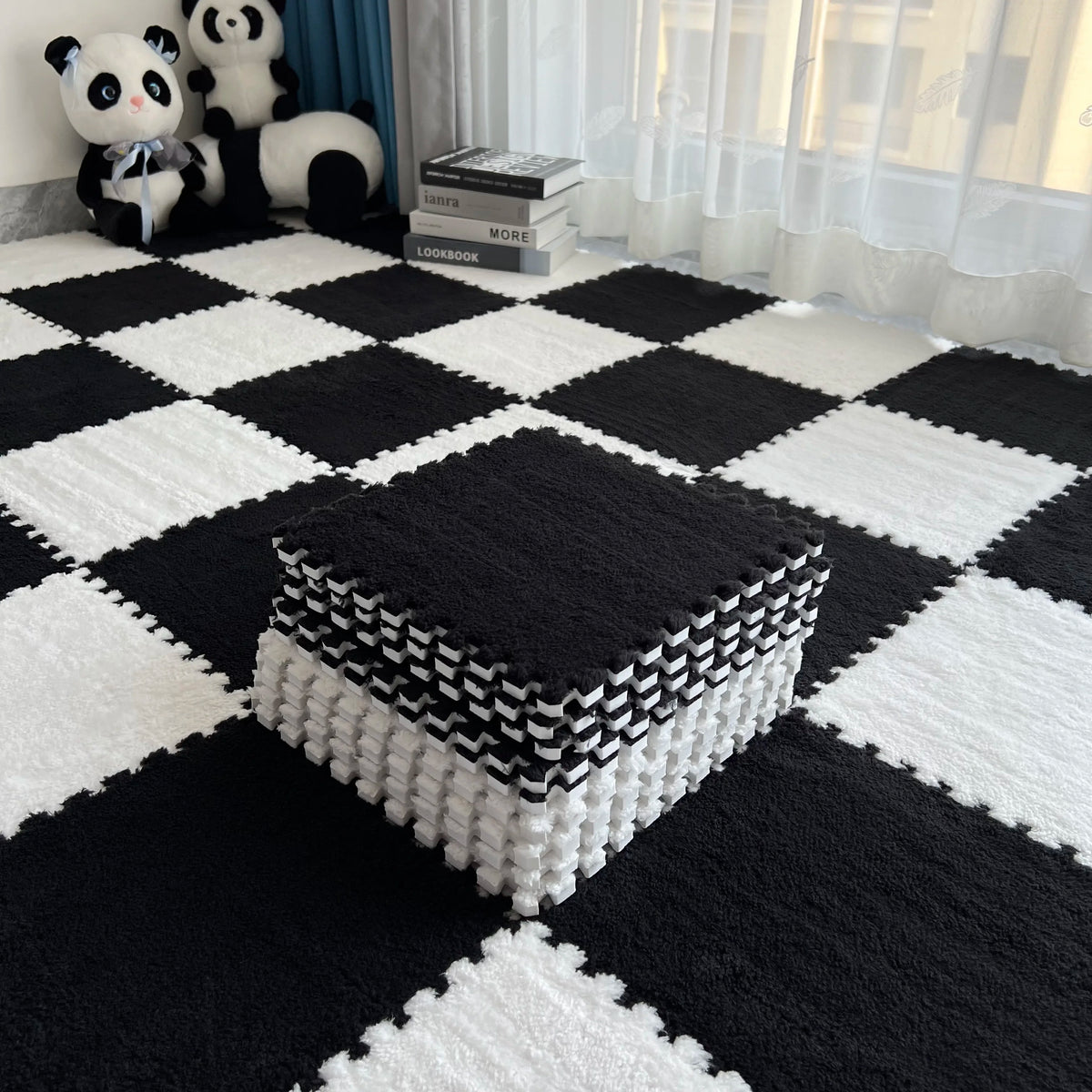 12Pcs Interlocking Carpet Tiles 11.8"x11.8", Washable Non-Slip EVA Polyester Floor Mat, Cuttable DIY Bedside Rug
