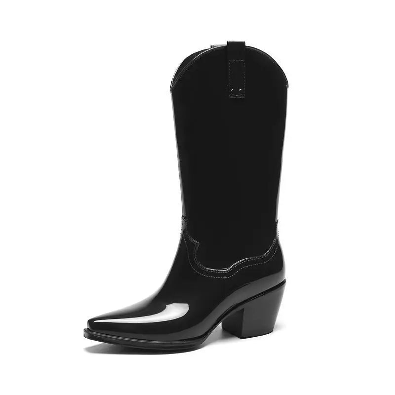 FHC Chunky High Heels Rain Boots,Women's Waterproof Mid Calf Botas,Kitchen Work Shoes,Cowboy Booties,Black,PInk,Red,Dropship