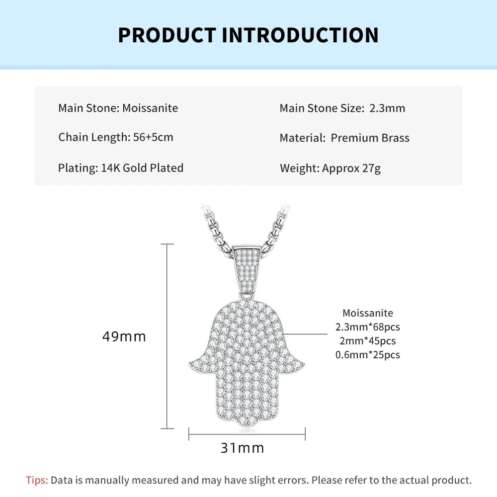 Rrjzz Full Moissanite Hip Hop Iced Out Thick 3mm Round Box Chain Palm Pendant Mens Necklace Street Style Party Fine Jewelry Gift