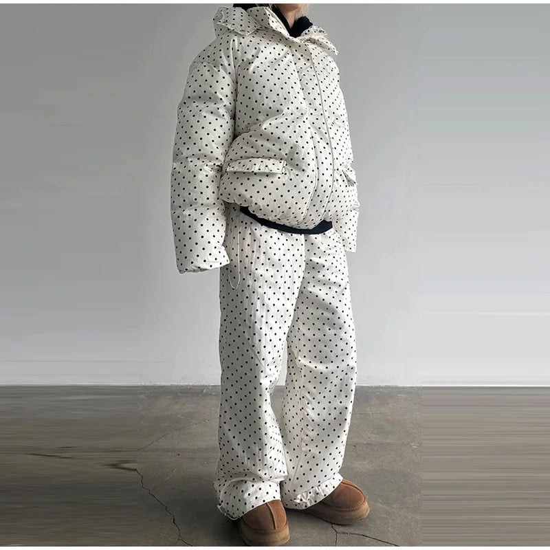Polka Dots Hooded Cotton Coats Trousers Set 2026 Winter Loose Zippers Drawstring Jacket Elastic Waist Pants Women's Warm Outfits