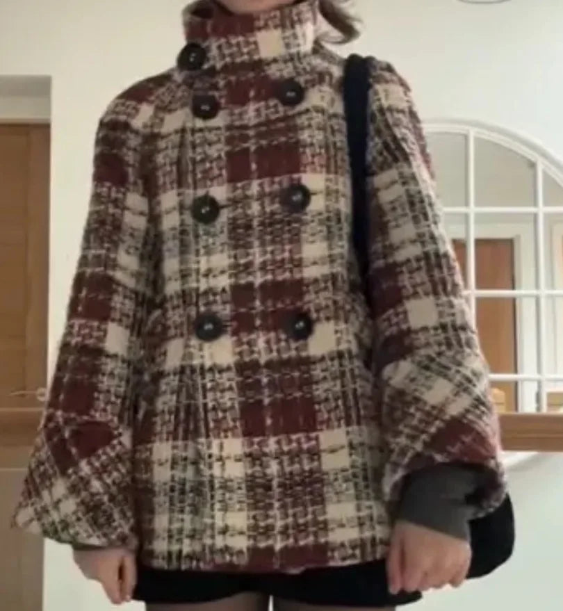 Winter Woole Coats Elegant Warm Plaid Stand Collar Pocket Coat Fashion Loose Coats Versatile Casual Female Jacket New Outerwear