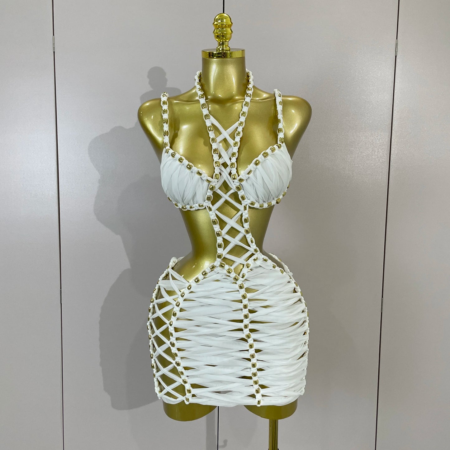 2026 Women Sexy White Halter Neck Perspective Hollow Mini Dresses Summer Backless Nightclub Party Evening Club Performance Dress