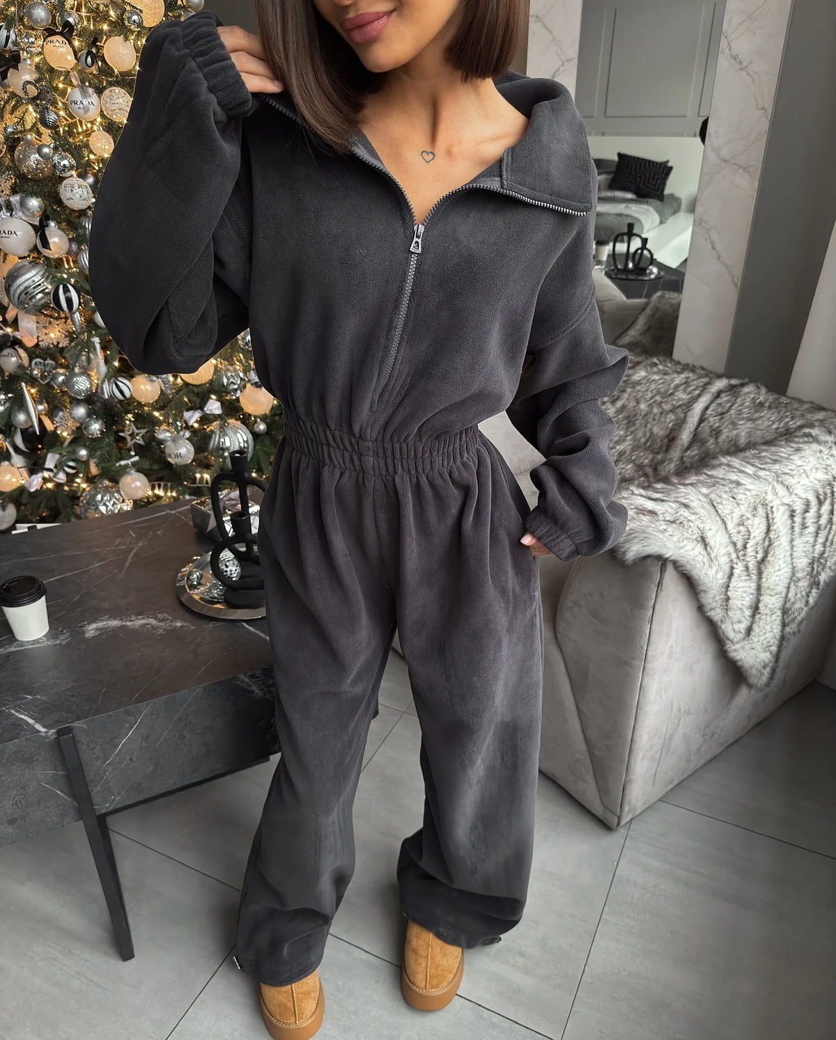 FSMG Casual Long Sleeve Half-Zip Sports Jumpsuits Women's Solid Loose Lapel Elastic Waist Tracksuits Comfy One-Piece Lounge Set