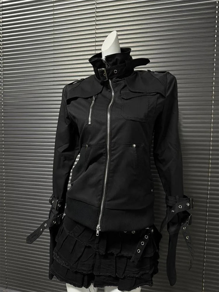 American Vintage Subculture Punk Jacket Long Sleeve Black Coat Slim Gothic Streetwear Casual Outerwear Daily Outfits 2026