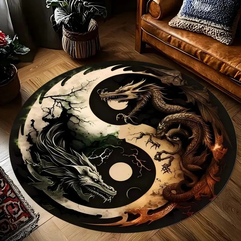 Dragon Yin Yang Mat for Decor, Harmony Design Flannel Carpet, Non-Slip Round Rug for Bedroom Study Living Room Meditation Space