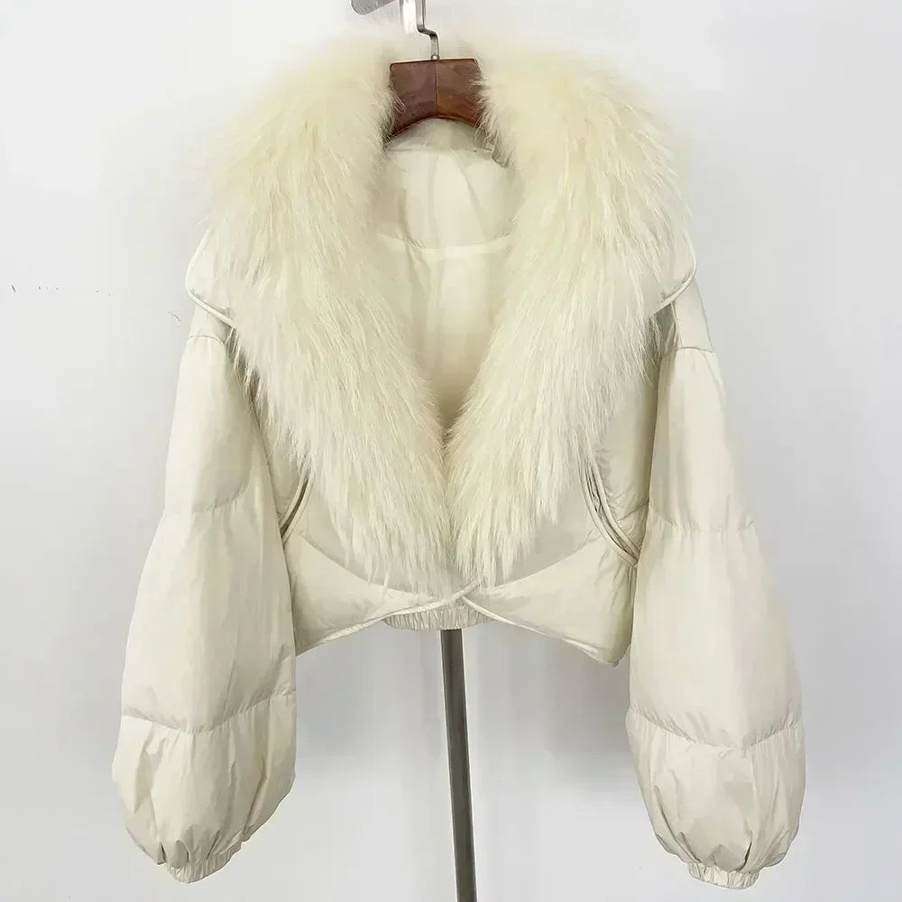 Winter Female White Duck Down Jacket Luxury Loose Short Fashion Casual Women Warm Real Fox Fur Coat Long Sleeve Puffer Jacket