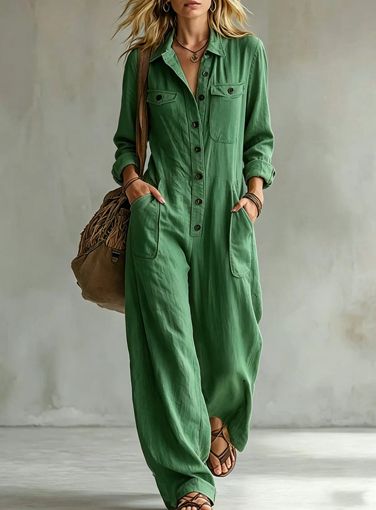 Autumn Simple Solid Women's Jumpsuit Fashion Button Half Open Design Loose Lapel Jumpsuits With Pocket Ladies Office Clothing