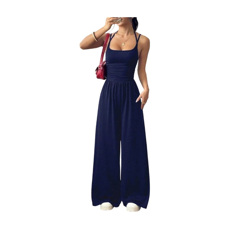 Spaghetti Strap Jumpsuit Square Neck Ruched Waist Wide Leg Long Pant Outfit For Women Daily Travel Outdoor Casual Lounge Stylish Garment