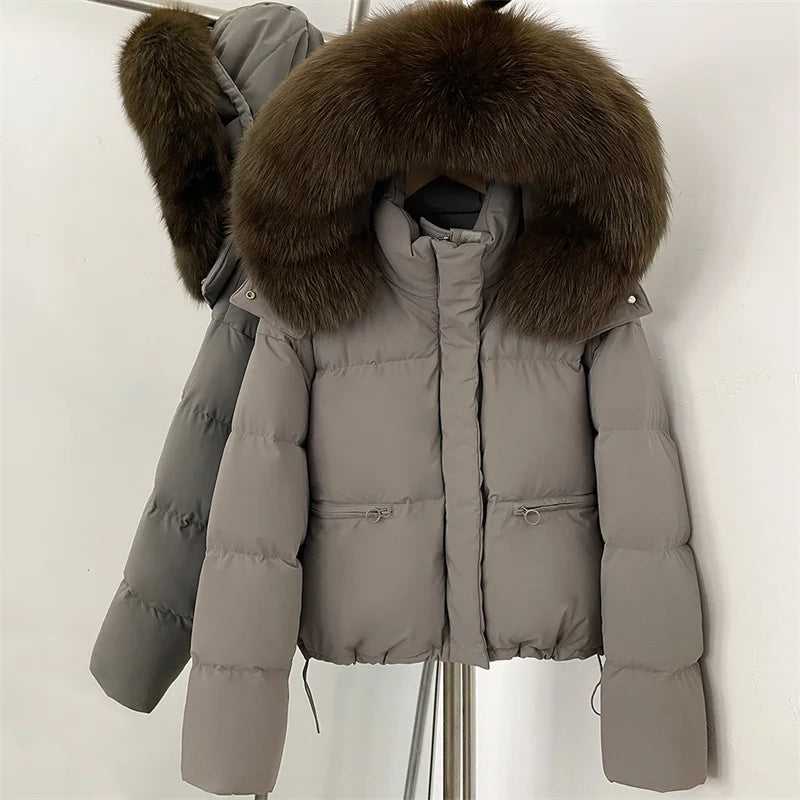 women's winter down jacket 2026 new detachable fox fur collar hooded women's down coat White duck down filled warm thick coat