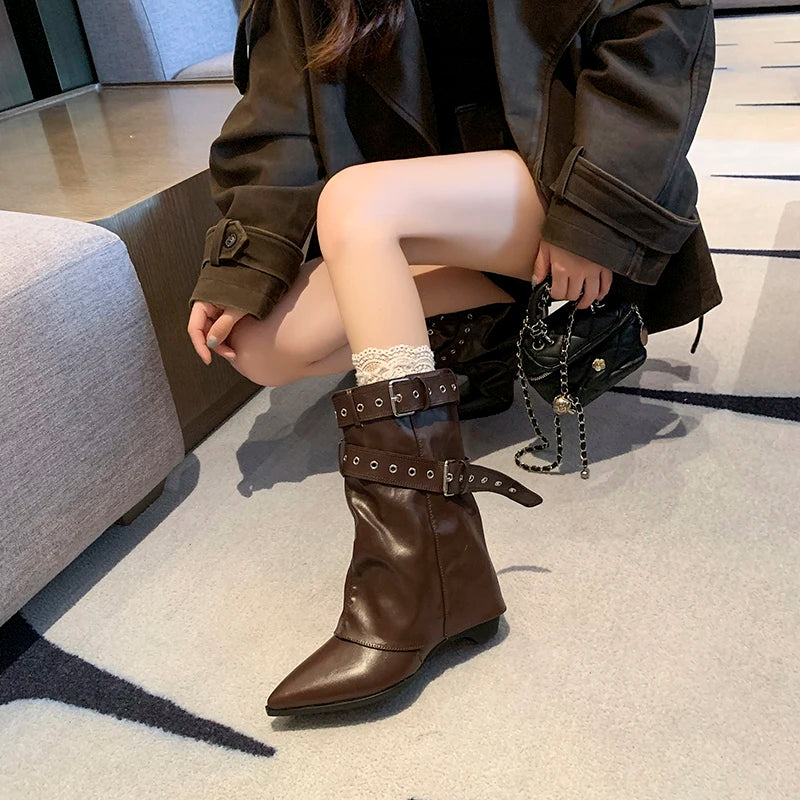 2025 Pointed Toe Women's Winter Boots Designer Mid Heels Elegant Shoes Pumps Fashion Boots New Trend Dress Gothic Ladies Boots