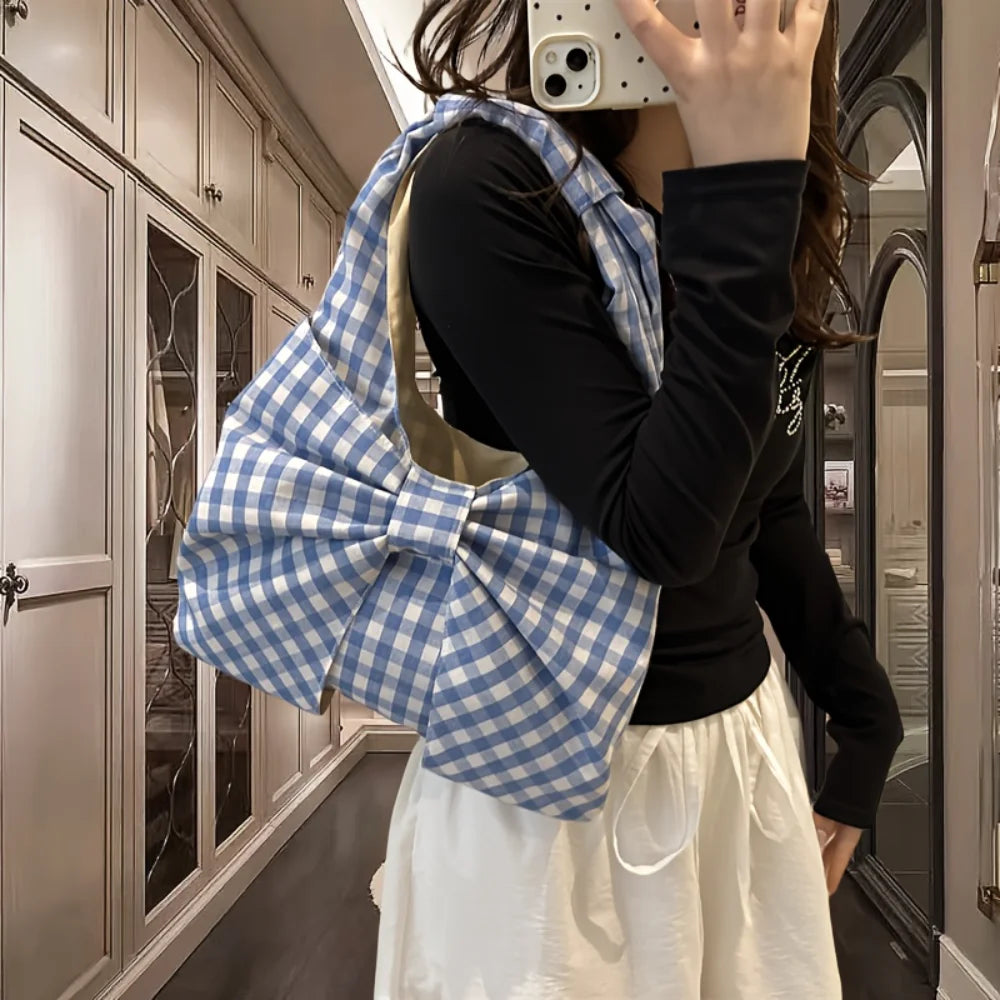 Women Red White/ Blue White Gingham Plaid Tote Bag with Big Bow Decor, Large Capacity Soft Canvas Shoulder Handbag, Casual Shopping Bag for Picnic Travel Daily Commute