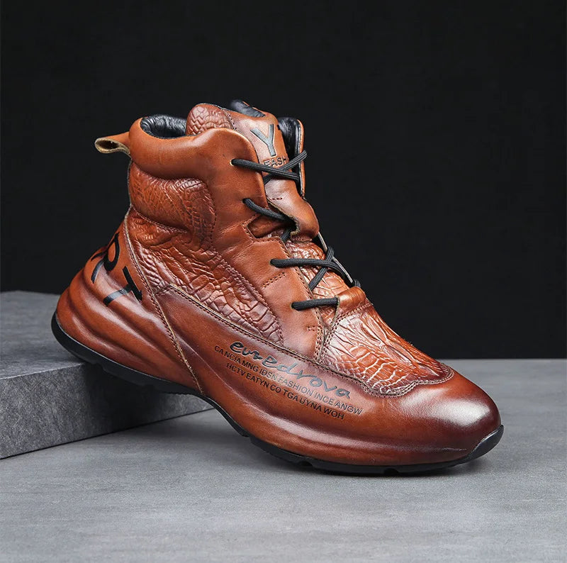 Genuine Leather Winter Boots For Men Crocodile Leather Casual Fleece Warm Shoes Motorcycle Punk Botas Male Loafer Hombre KK419