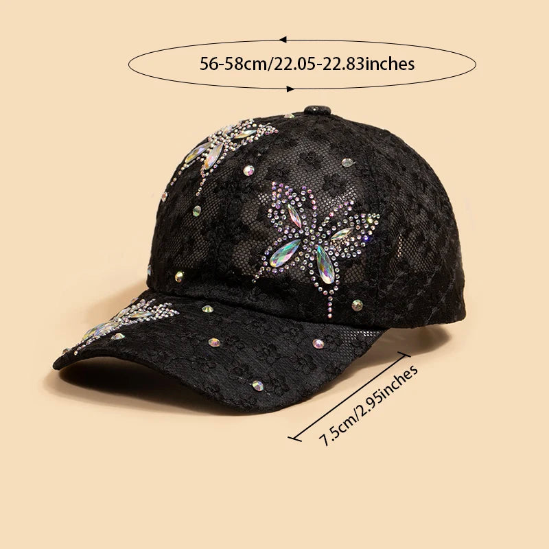 Fashion Women Spring Summer Baseball Caps Breathable Rhinestone Butterfly Hats Lace Hollow Caps