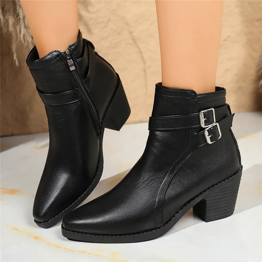 Retro Belt Buckle Women Short Ankle Boots Plus Size 43 Autumn Zipper Soft Leather Square Heel Ladies Pointed Toe Party Shoes New